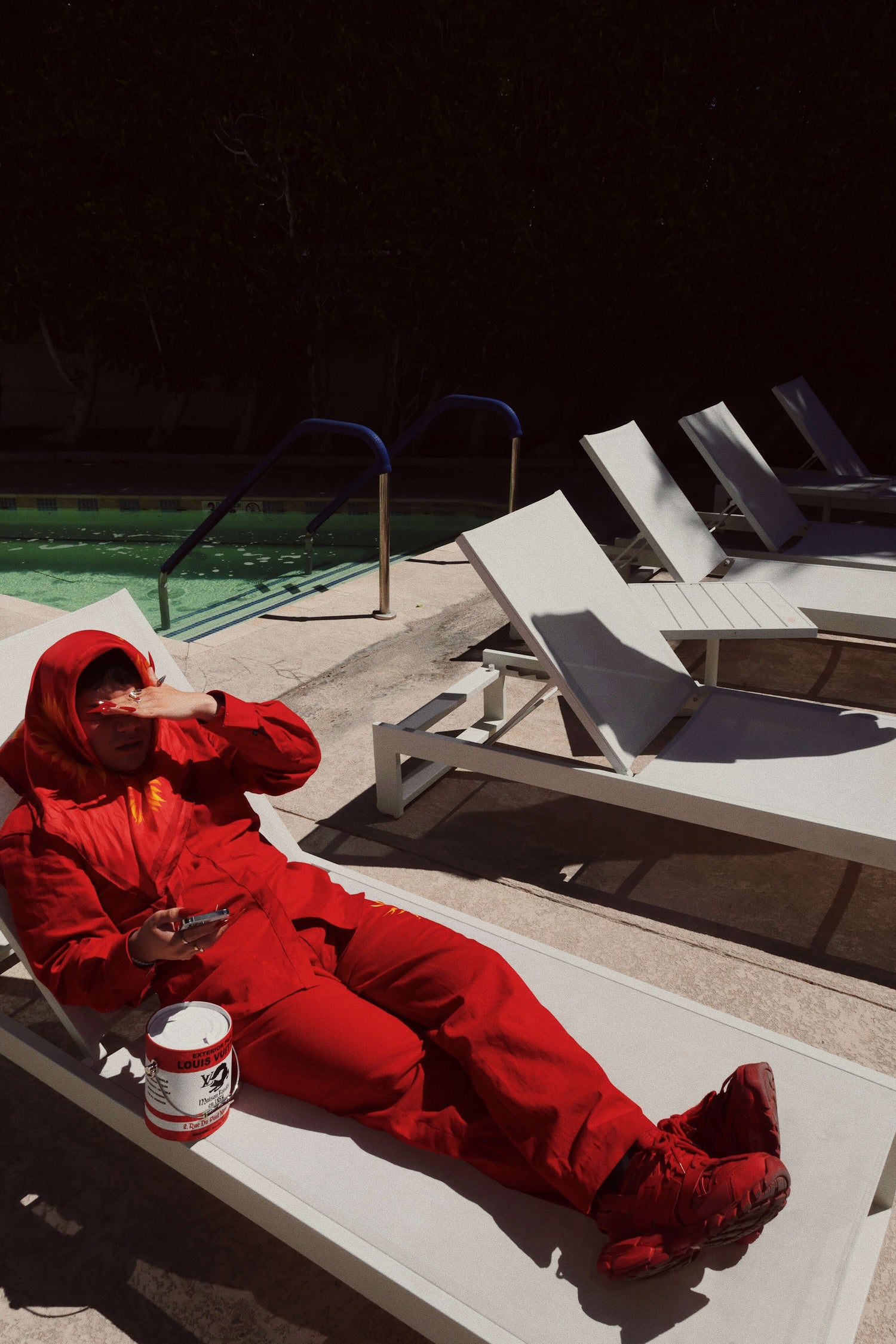 Perry Picasshoe laying next to pool wearing red sunflower silk scarf 